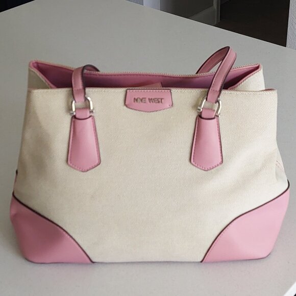 Nine West Pink & Beige Canvas Satchel Purse - Picture 1 of 16